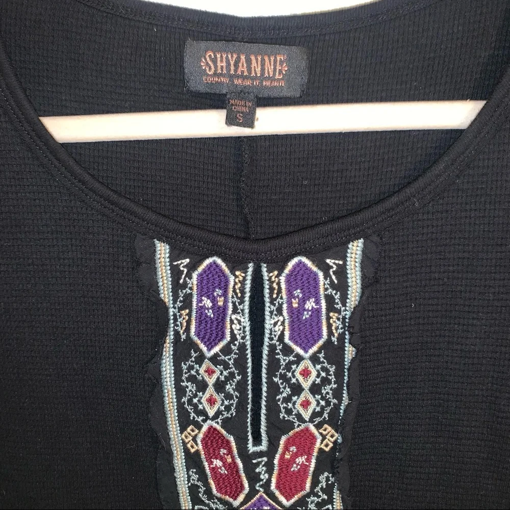 Shyanne Embroidered Black 100% Cotton Raw Hem Thermal Shirt